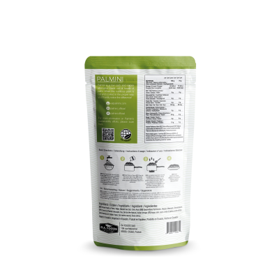 Embalagem branca e verde de produto Palmini com texto impresso