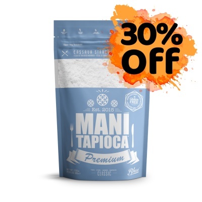 Saco resselável azul e branco de tapioca Mani Tapioca Premium clássico com etiqueta 30% off.
