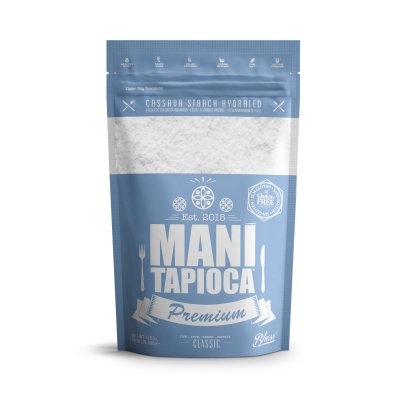 Embalagem Mani Tapioca Premium azul e branca com texto e selo Gluten Free