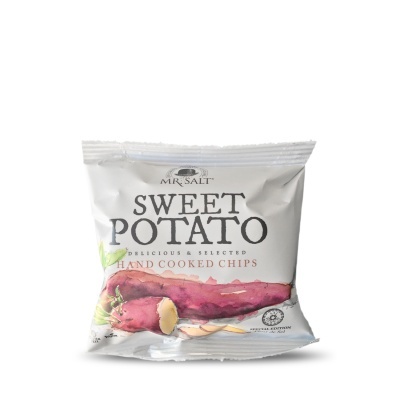 Pacote branco de batatas fritas Mr. Salt com ilustração de batata-doce roxa e texto em preto e vermelho