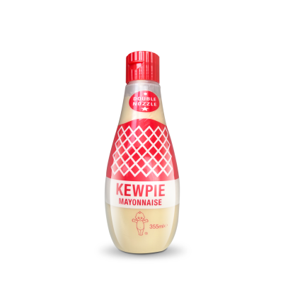 Frasco de maionese Kewpie 355ml com tampa vermelha e padrão geométrico branco e vermelho