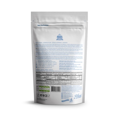 Embalagem branca opaca com texto azul e preto na parte traseira sobre fundo branco