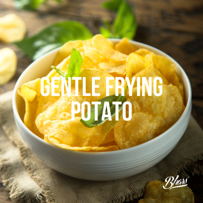 Tigela branca com batatas fritas e folhas verdes, texto sobreposto GENTLE FRYING POTATO num fundo de madeira rústica