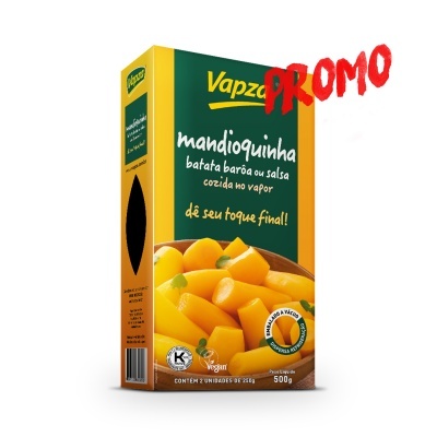 Caixa de mandioquinha Vapza com design verde e amarelo e texto PROMO em vermelho