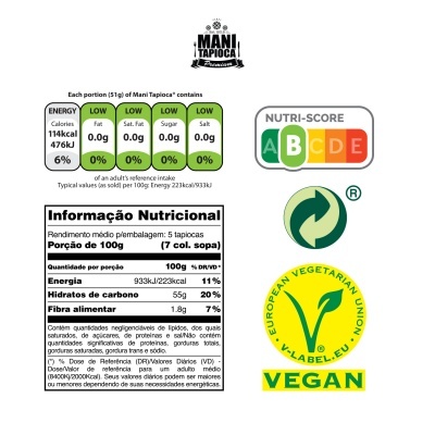 Etiqueta nutricional do Mani Tapioca com informações nutricionais, símbolo vegan e NUTRI-SCORE.