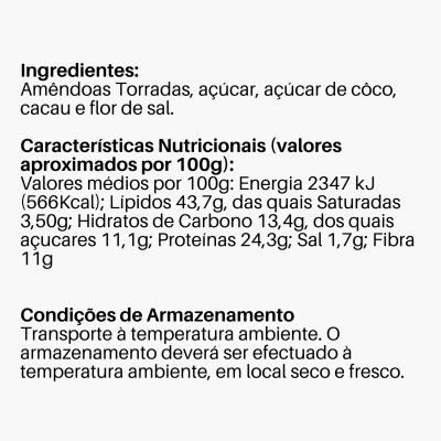 Texto de ingredientes, valores nutricionais e instruções de armazenamento em português