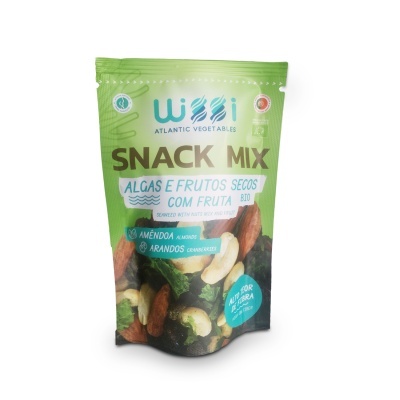 Pacote verde de Snack Mix Wosi com algas e frutos secos