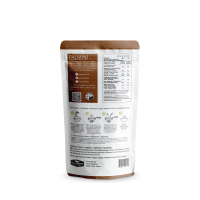 Embalagem de plástico com informações nutricionais e instruções