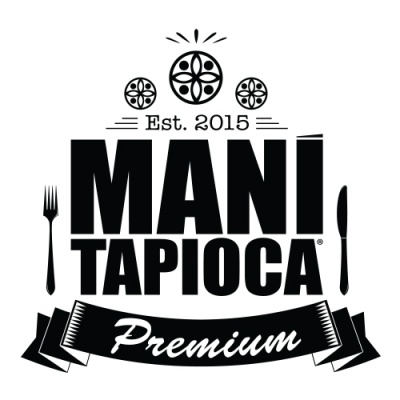 Logotipo preto e branco Mani Tapioca Premium com garfo e faca