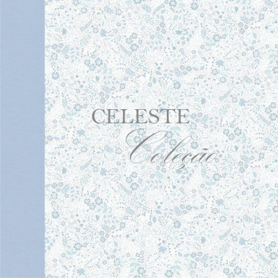 Padrão floral azul claro com texto CELESTE Coleção
