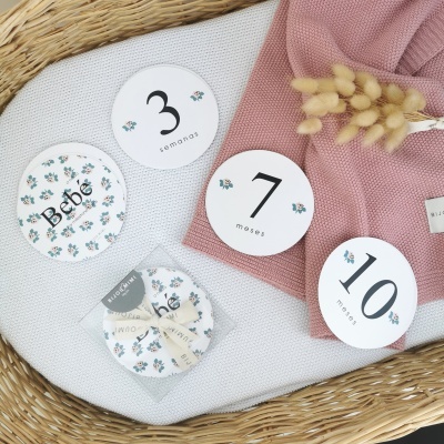 Discos mensais para bebé com números e texto em fundo branco com padrão floral, sobre manta em cesto de verga.