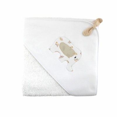 Toalha de banho para bebé branca com capuz e aplique de elefante