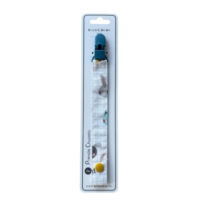 Prende chupeta tecido com padrão coelhos e clip azul
