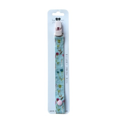 Fita prende-chupeta floral azul claro com clip branco