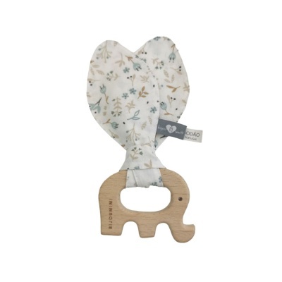 Mordedor de madeira em forma de elefante com tecido floral