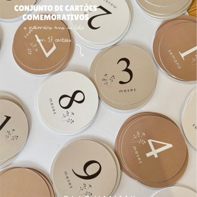 Conjunto de cartões comemorativos redondos em cartão em tons neutros com números e texto indicando meses