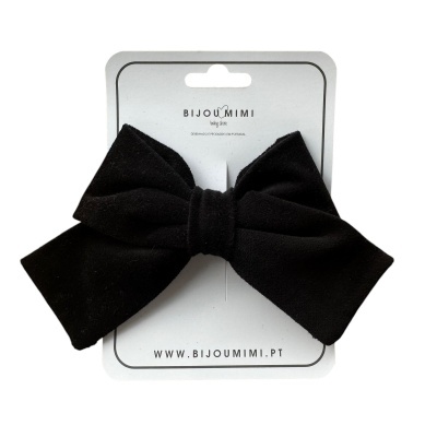 Laço de cabelo preto em embalagem branca com texto da marca Bijou Mimi.