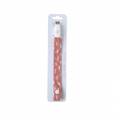 Clips para chupeta em tecido cor de rosa com padrão branco e fecho em plástico branco