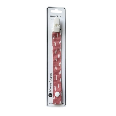 Prende Chupeta com clip branco e fita rosa com manchas brancas em cartão branco