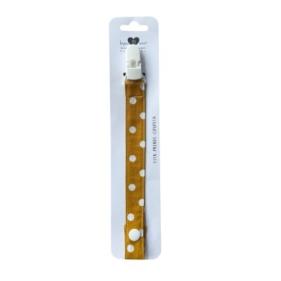 Fita prende-chupeta amarelo com bolas brancas e clip branco