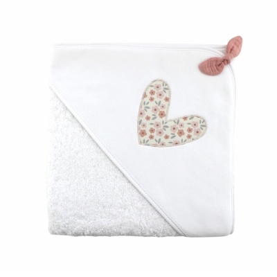 Toalha de banho branca para bebé com capuz e aplicação de coração floral