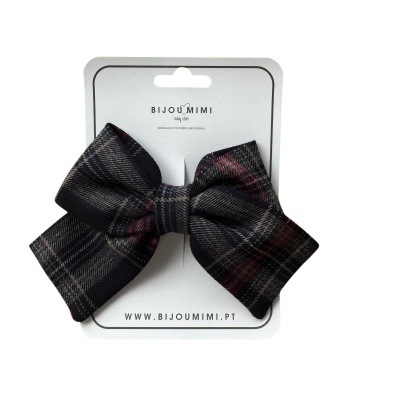 Laço xadrez preto, cinzento e vermelho com cartão branco BIJOU MIMI