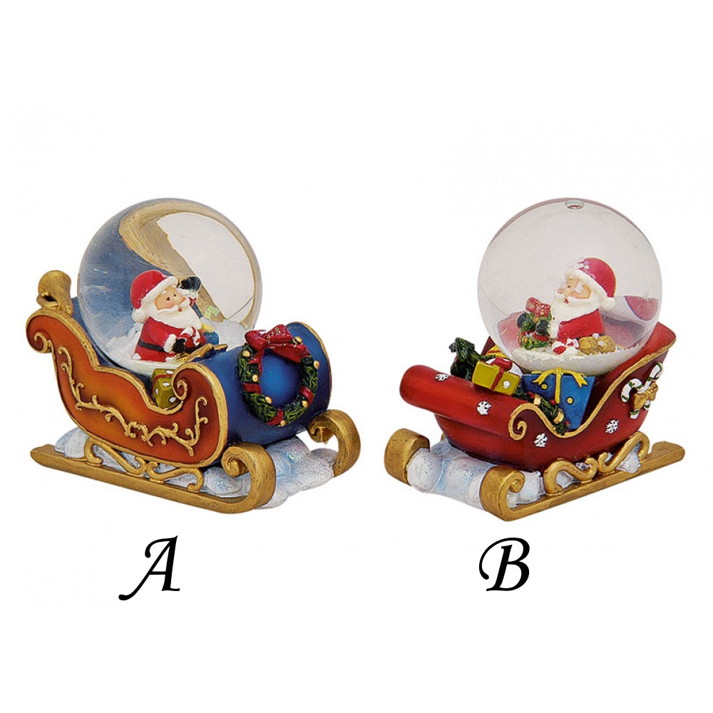 Duas bolas de neve decorativas em forma de trenó de Natal com Papai Noel