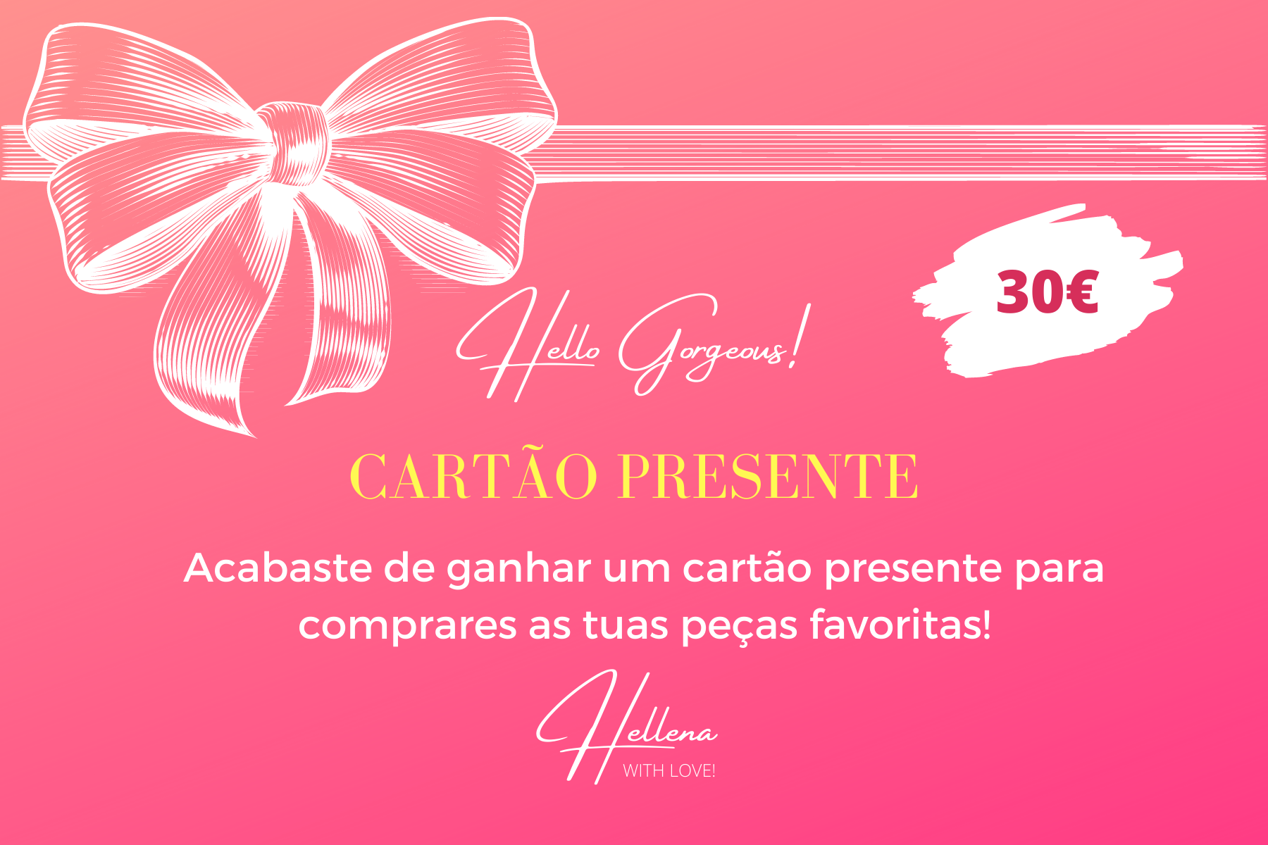 Cartão presente rosa com laço e texto promocional em português.