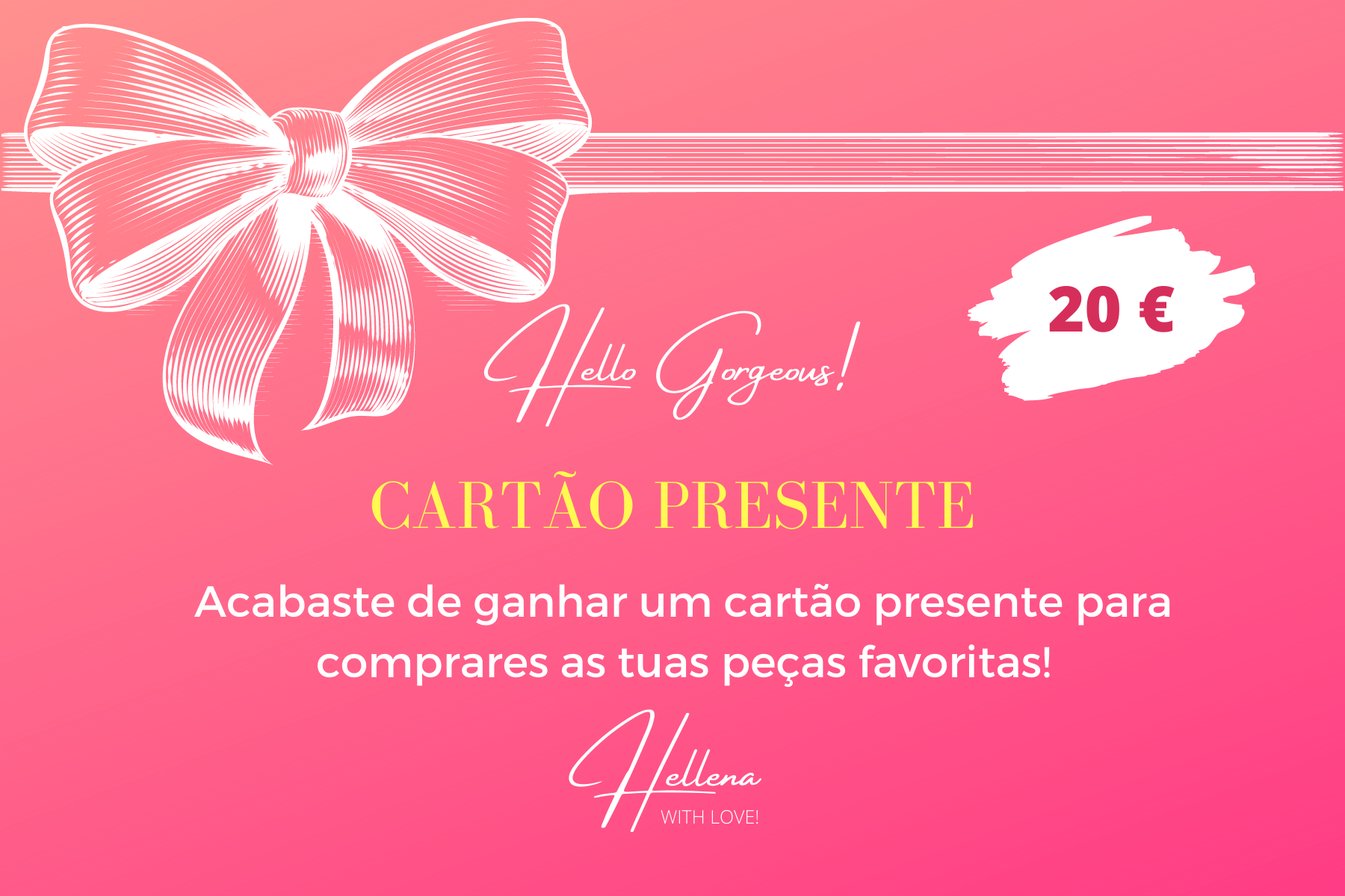 Cartão presente digital rosa com laço branco e texto em inglês e português