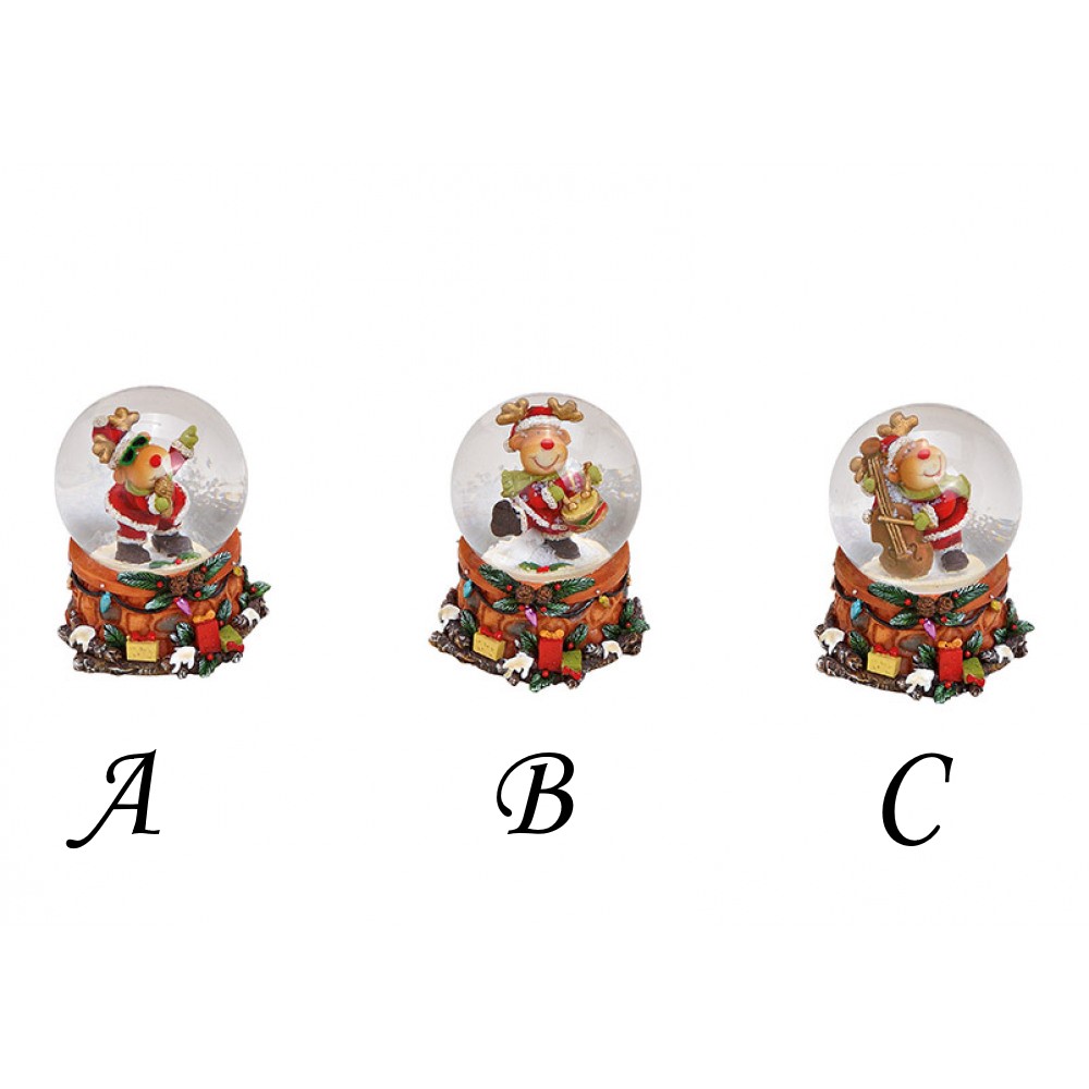 Três globos de neve natalícios com diferentes figuras de Pai Natal e rena