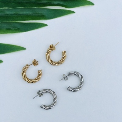 Dois pares de brincos argola torcida dourado e prateado com folhas verdes ao fundo