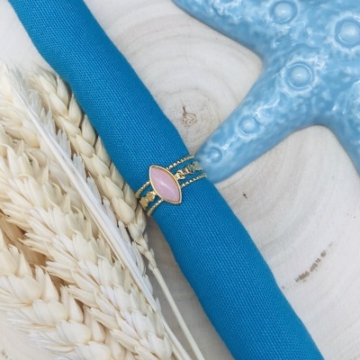 Anel dourado com pedra rosa sobre tecido azul, espigas de trigo secas e estrela do mar azul sobre fundo de madeira.