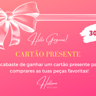 Cartão presente rosa com laço e texto promocional em português.