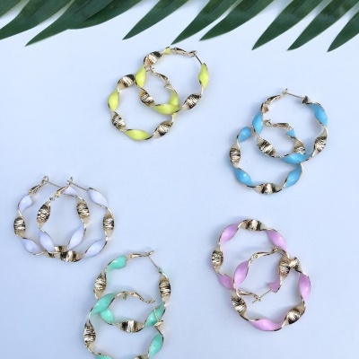 Cinco pares de brincos de argola coloridos torcidos com partes douradas sobre fundo branco e folha verde