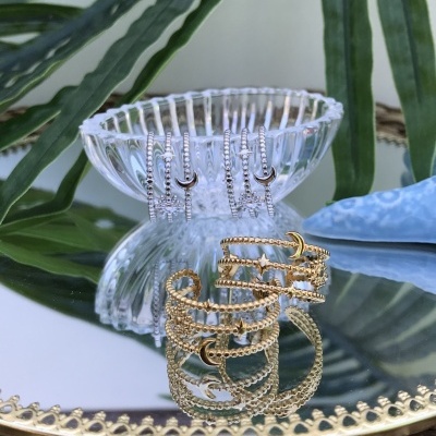 Brincos de argola dourados e prateados com lua crescente num espelho com moldura dourada e folhas verdes no fundo