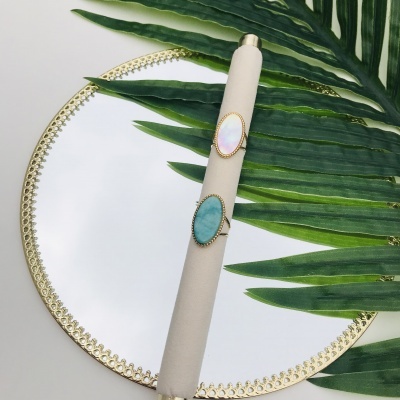 Dois anéis com pedras ovais em suporte creme sobre espelho redondo com borda dourada e folha verde