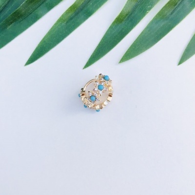 Brinco dourado com pedras azuis e brancas sobre fundo branco e folhas verdes