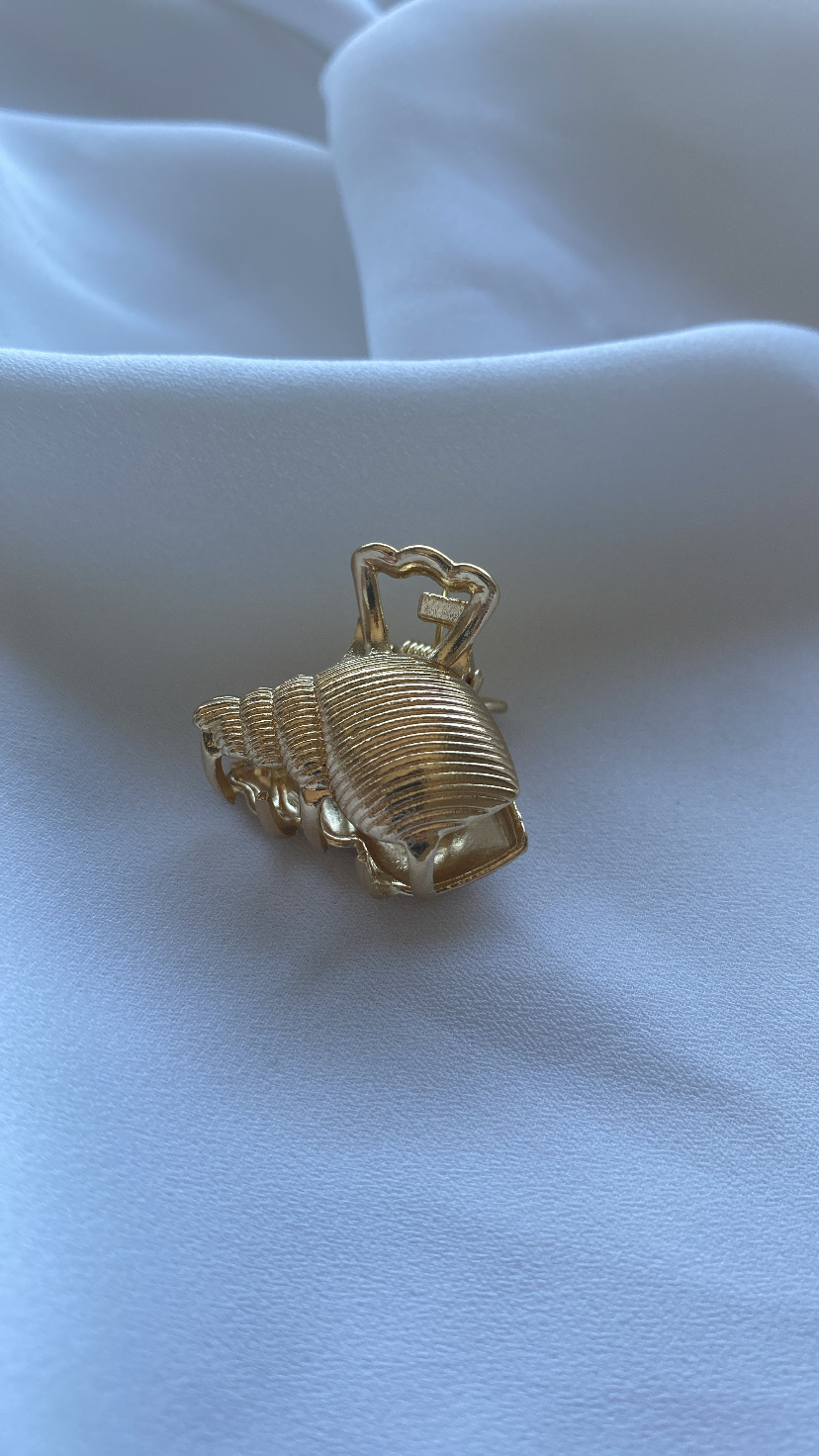 Prendedor de cabelo dourado sobre tecido branco