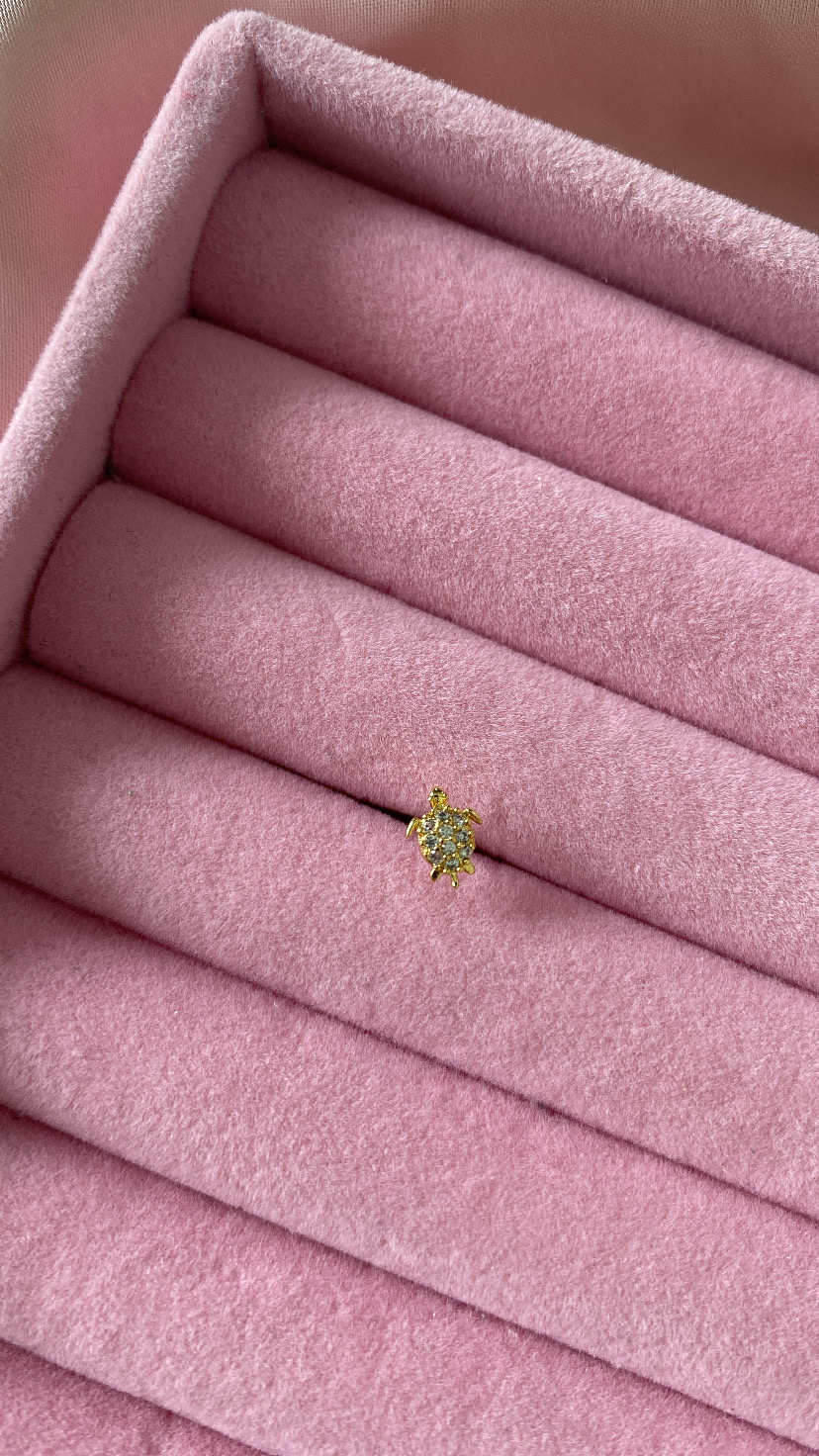 Caixa de veludo rosa com pingente dourado em forma de tartaruga