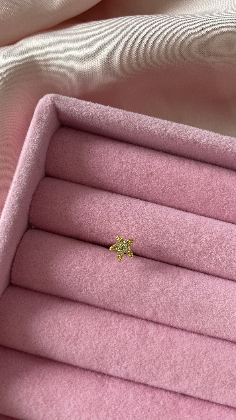 Brinco dourado em formato de estrela-do-mar sobre estojo rosa