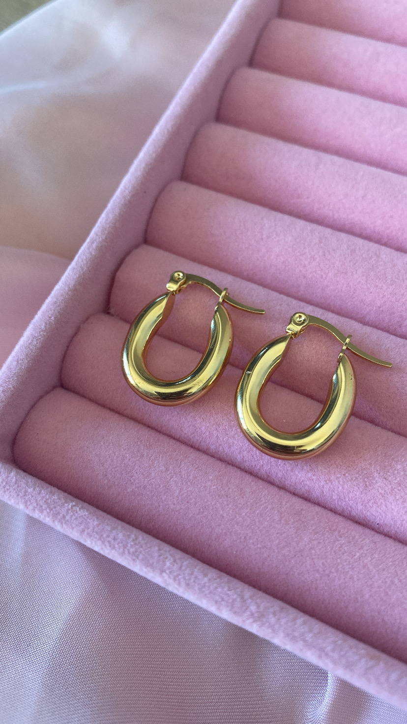 Par de brincos de argola dourados em caixa de veludo rosa