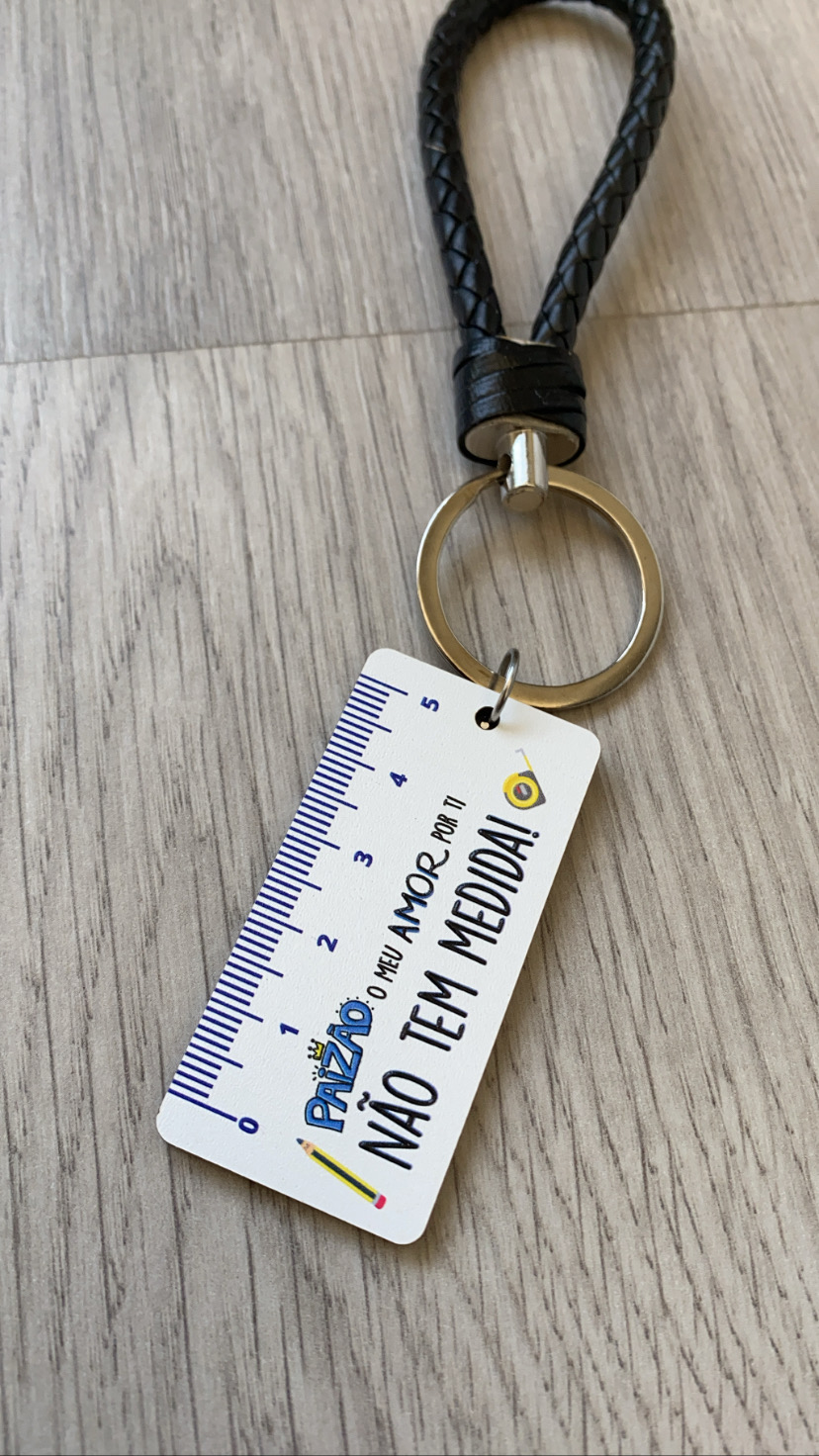 Chaveiro com régua e texto 'PRAZO não TEM MEDIDA!'
