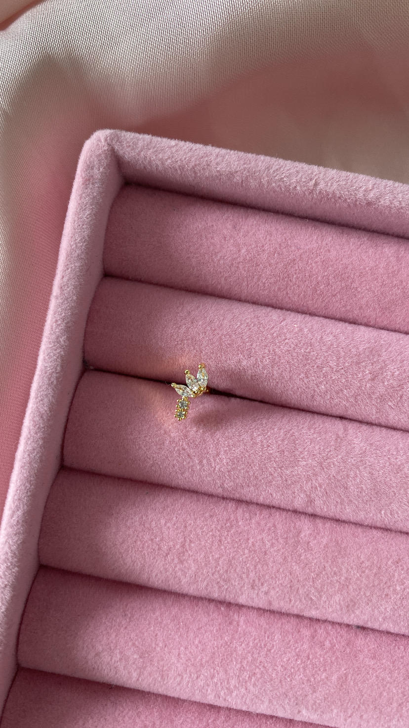 Brinco pequeno dourado com pedras em caixa de veludo rosa