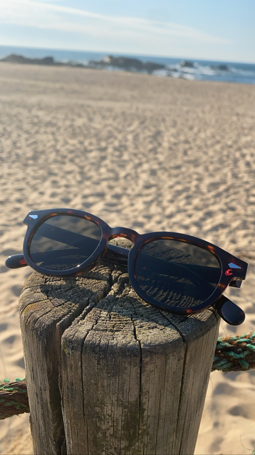 Óculos de sol com armação tartaruga sobre poste de madeira na praia