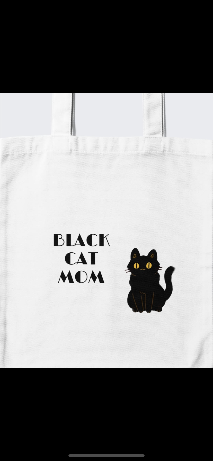 Sacola branca com texto e ilustração de gato preto.