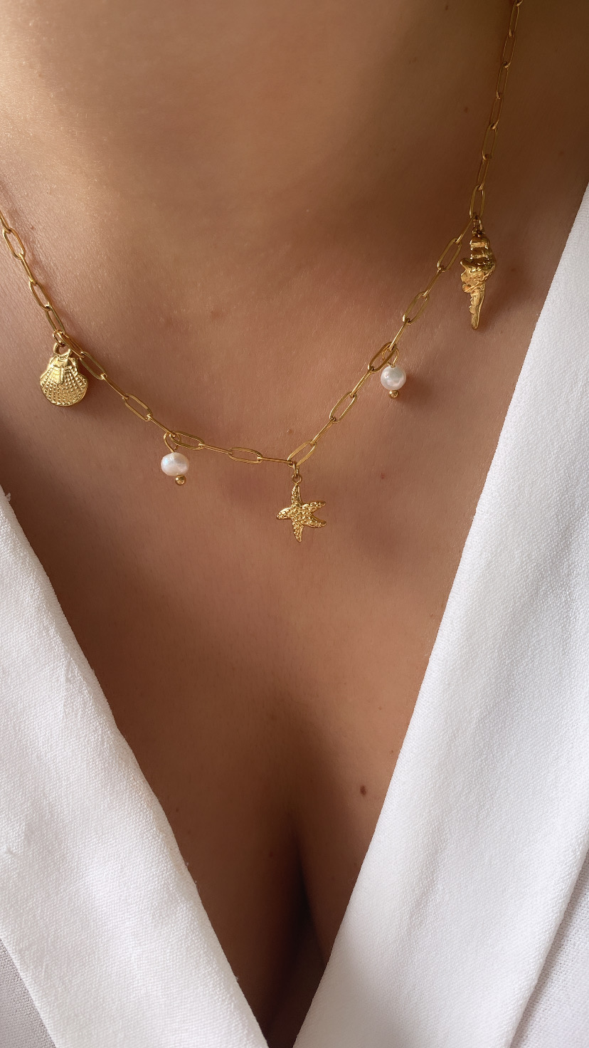 Colar dourado com pingentes marinhos e pérolas