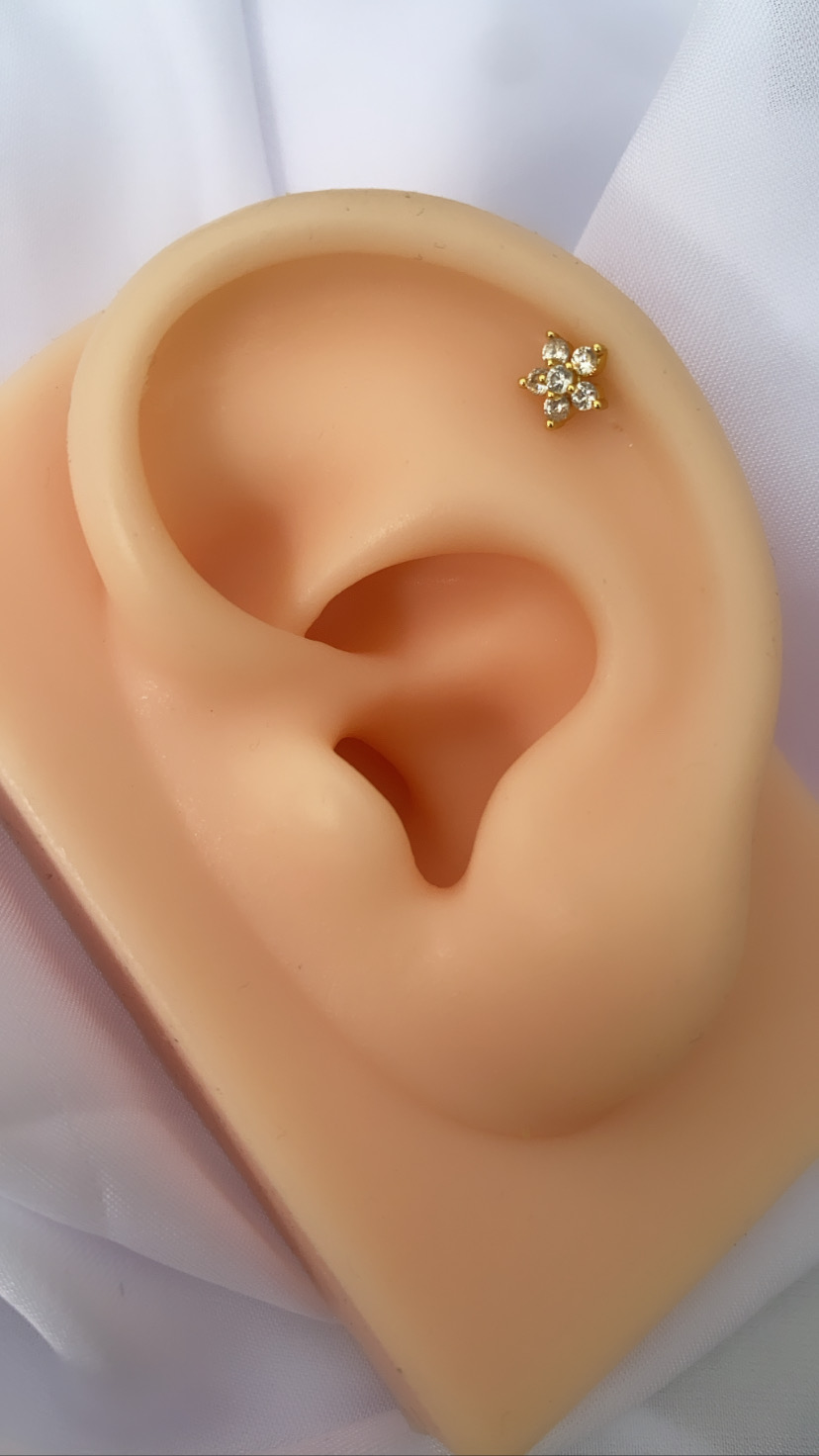 Modelo artificial de orelha com brinco dourado em forma de flor