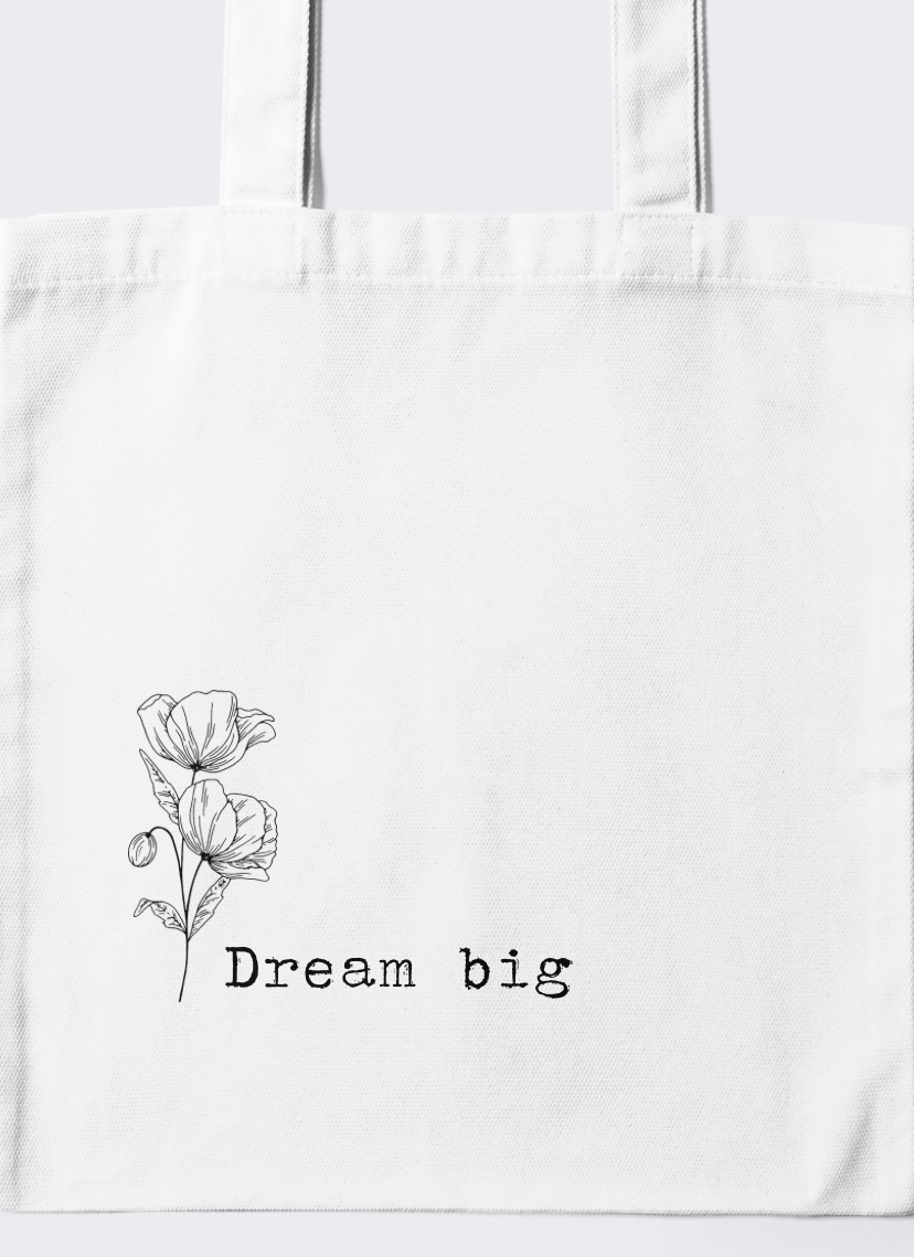 Mala de tecido branca com flores e texto Dream big