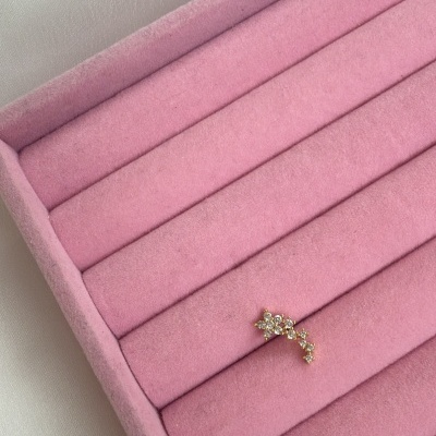 Brinco dourado com cristais numa bandeja rosa almofadada