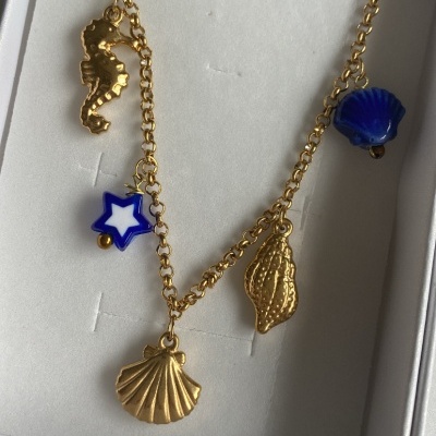 Colar dourado com pendentes marinhos numa caixa branca